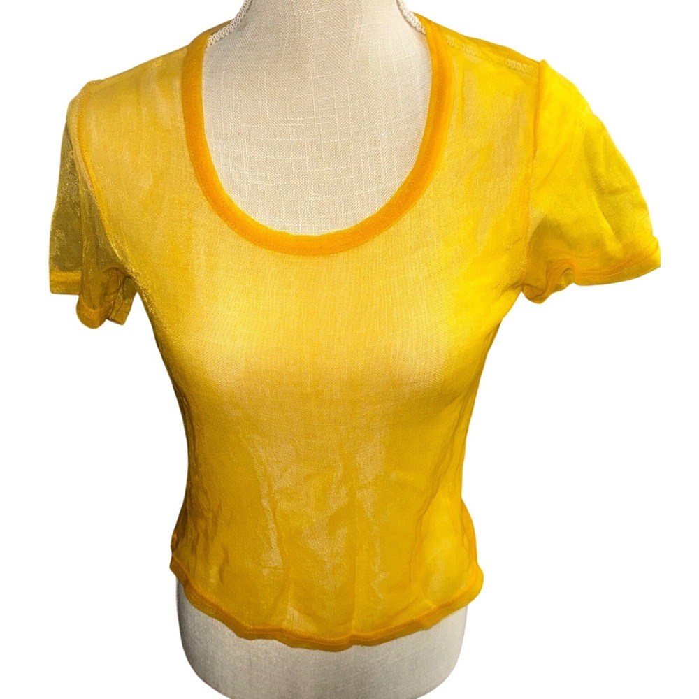 Vtg Y2K Luly K Yellow Sheer Mesh Short Sleeve Baby Tee L(S) Punk Indie Sleaze